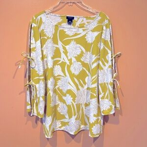 Ann Taylor Factory Size Large Yellow White 3/4 Tie Sleeve Women’s Top